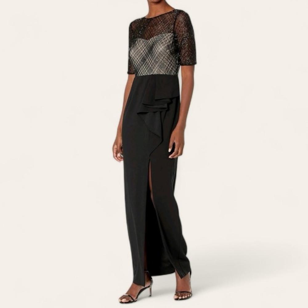 Adrianna Papell Plaid Beaded Peplum Gown